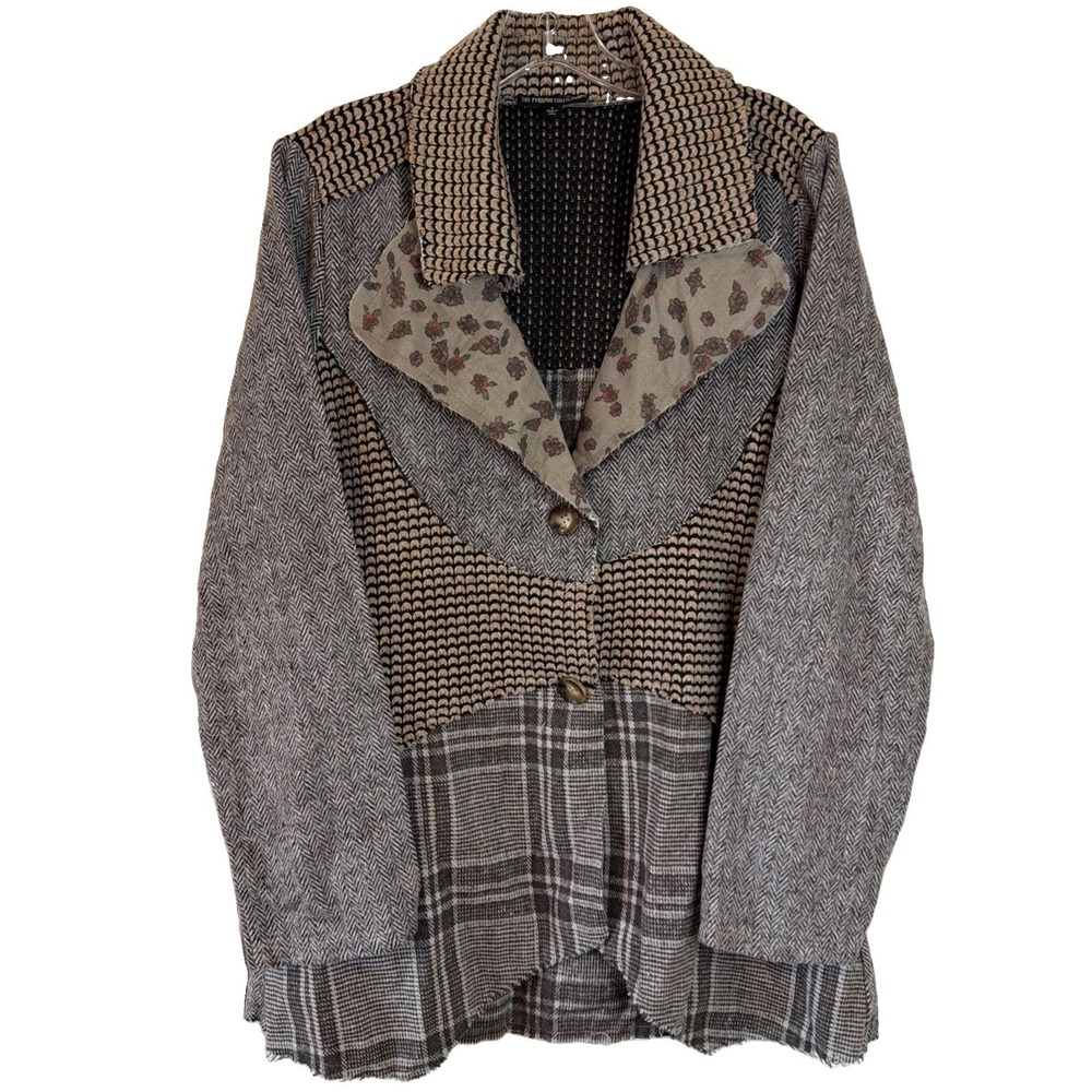 Pyramid Collection tweed blazer Grey shirt jacket patchwork artsy Size Large